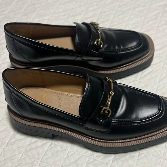 Sam Edelman Black Patent Laurs Lug Sole Loafers Gold Bit Buckle Platform - Picture 3 of 8